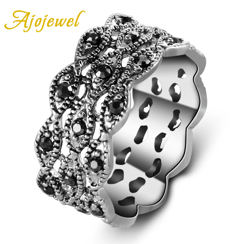 Vintage Items Collection - Ajojewel แหวนพลอยเทียม3ชั้นสีดำสำหรับผู้หญิงเครื่องประดับชุดวินเทจเครื่องประดับ