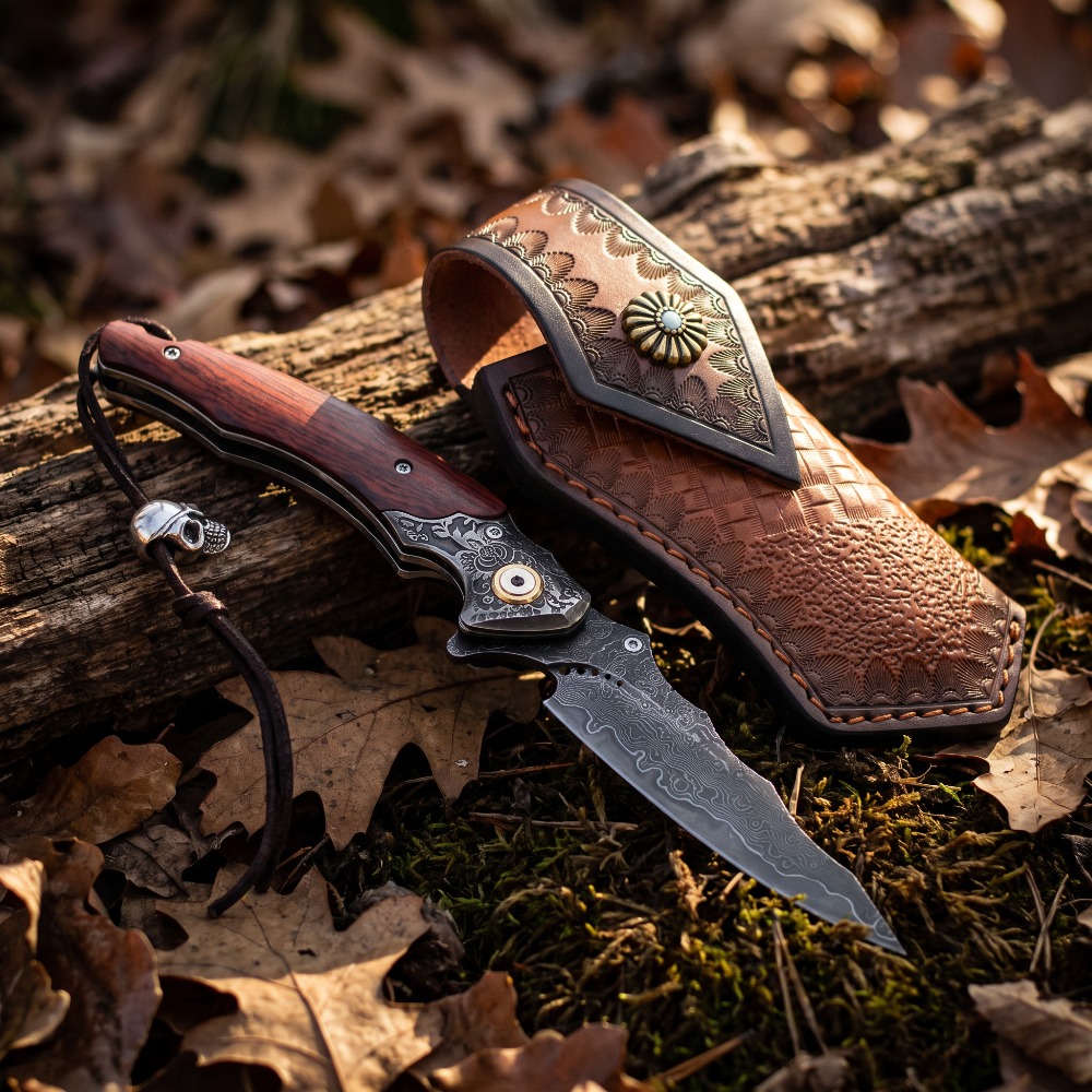 Vintage Collectible Pocket Knives - มีดพับลายดามัสกัสแกะสลักสไตล์วินเทจ ด้ามไม้เนื้อแข็ง พกพาสะดวก เหมาะสำหรับใช้ในชีวิตประจำวันและเป็นของสะสม