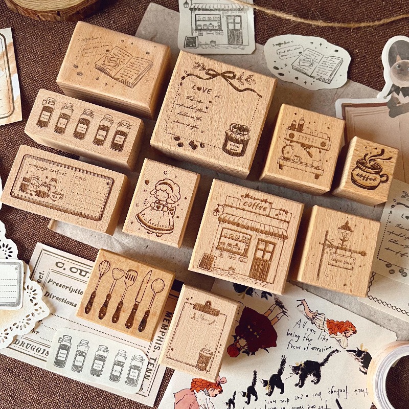 Vintage Collectible Stamps - Moonlight INS ชุดแสตมป์ยางลายวินเทจธีมกาแฟ สำหรับงาน DIY สมุดภาพ